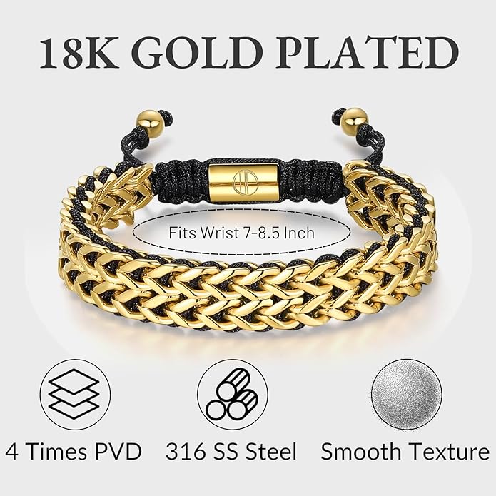 Gold-Plated Bracelets for Men 18K Gold Plated Franco Link Chain Stainless Steel Bracelet Adjustable Bracelet Mens Jewelry Birthday Gift