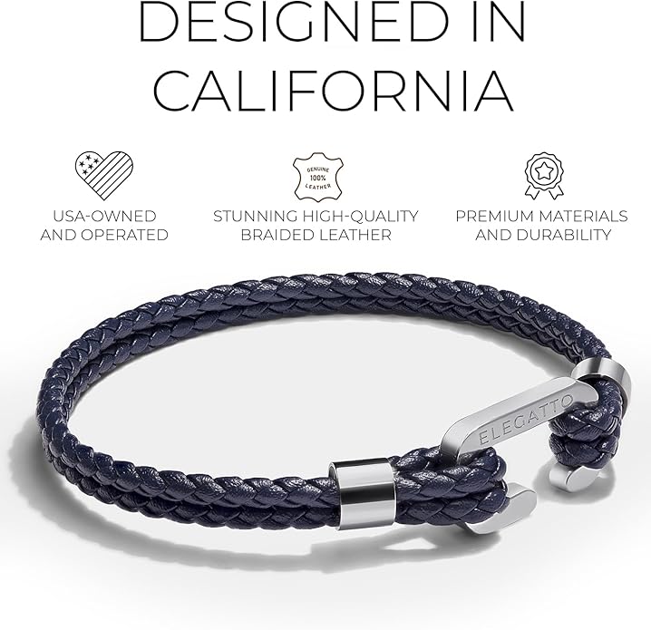 Elegatto Helix Premium Vintage Leather Bracelet for Men | Double Black Leather Strands with Sterling Silver Polished Mini Shackle Closure | Men’s Designer Jewelry