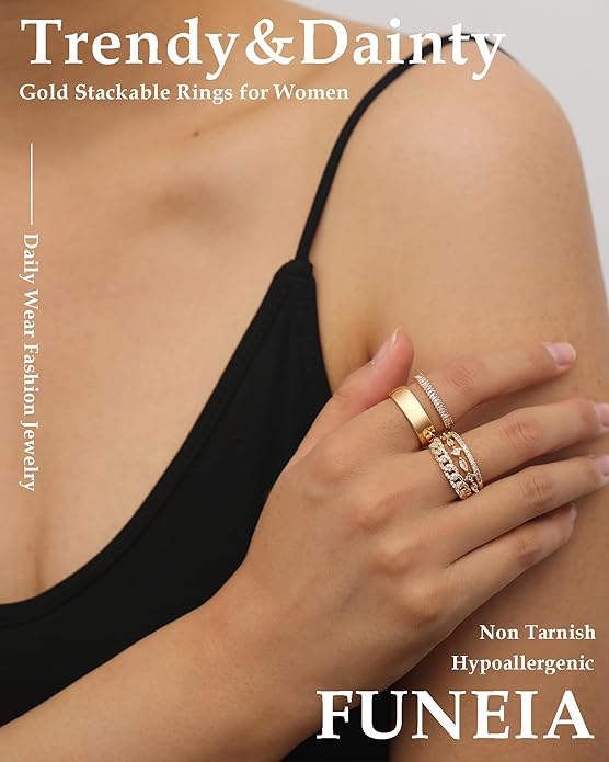 FUNEIA Stackable Gold Rings for Women Non Tarnish Trendy Dainty 14K Gold Plated Stacking Cubic Zirconia Thumb Ring Set Pack Statement Chunky Band Rings Promise Engagement Rings Size 7 8 9 10 11