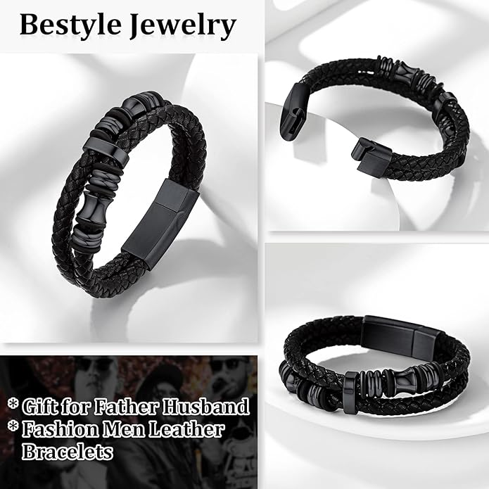 Bestyle Genuine Men Leather Bracelets Fashion Stainless Steel Celtic/Sport Ball Bead Cuff Wirstband Bracelets for Men, Size 7.5/8.3/9.1Inch