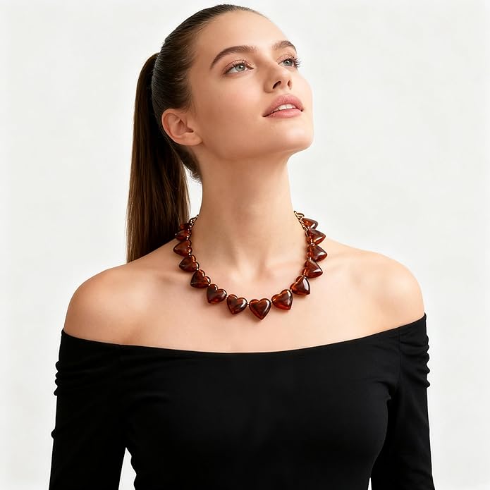 YUJIE Chunky Heart Penadnt Necklace for Women- Exaggerated Statement Puff Heart Necklace with Acrylic Beaded Chain