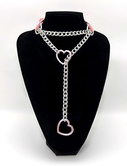 Black Leather Choker Collar For Women, Handmade Heart Slip Chain Choker Long Necklace with Adjustable Buckle