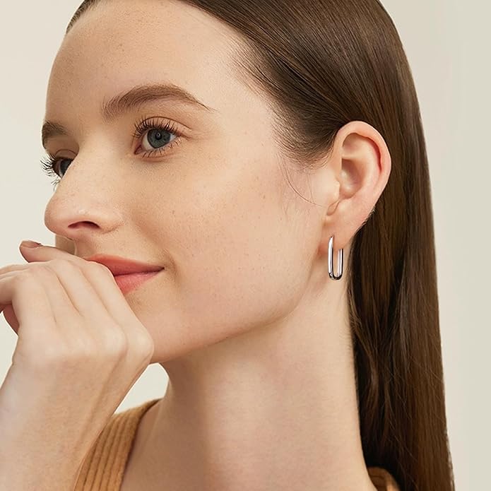925 Sterling Silver Rectangle Hoop Earrings for Women Silver Geometric Hypoallergenic Oval Hoop Earrings 14K Gold Square Huggie Hoops Earrings for Jewelry Gifts