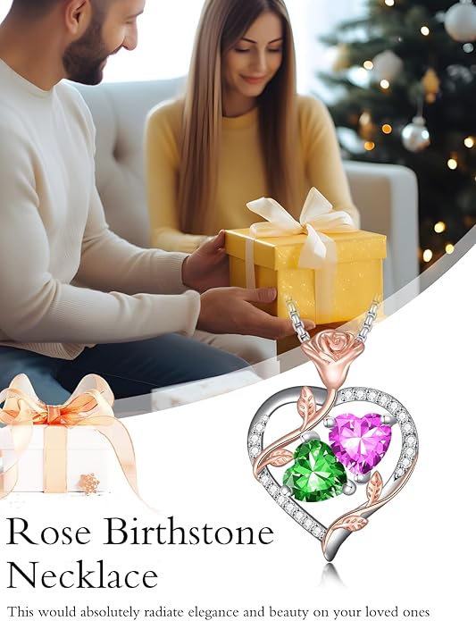 Christmas Gifts for Women Rose Heart Birthstone Pendant Necklace I Love You Forever Jewelry Valentine Mothers Day Birthday Gifts for Women Her Wife Girlfriend