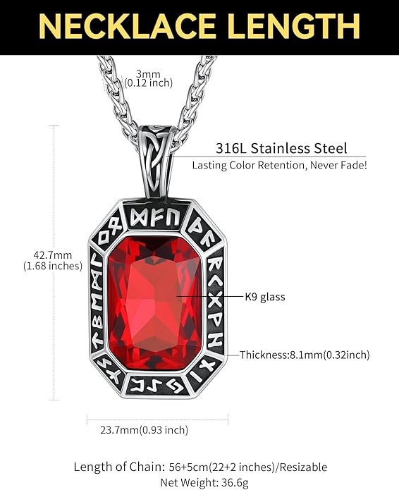 ChainsHouse Viking Rune Pendant Necklace for Men Women, Punk Biker Black Metal/316L Stainless Steel Onyx Norse Vintage Amulet Necklaces with Black/Red/Green/Blue Gemstone, Send Gift Box