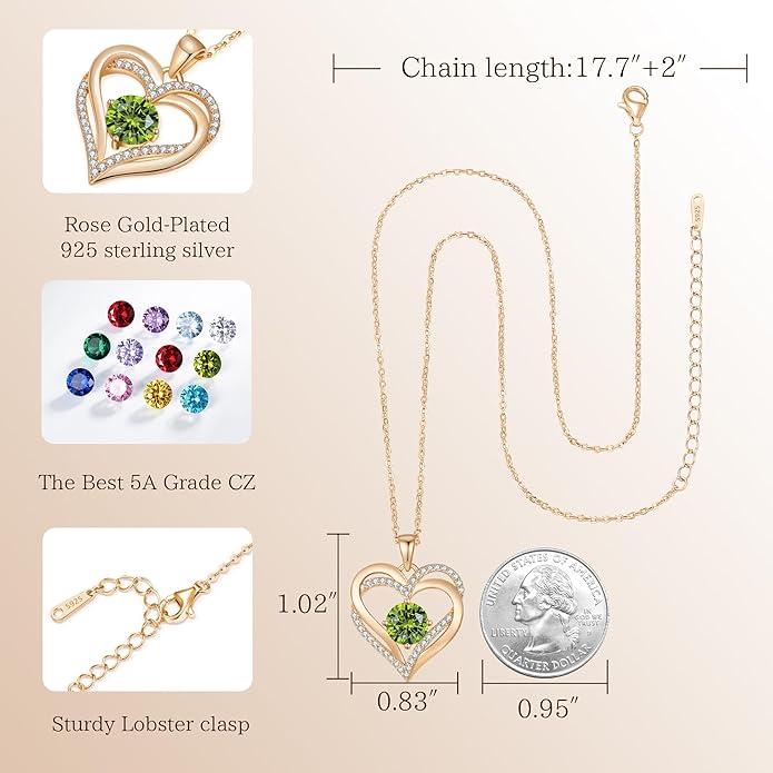 LOUISA SECRET Love Heart Birthstone Necklaces for Women, Birthday Gift for Girlfriend, Anniversary Jewelry Gift for Wife Her, 925 Sterling Silver Women Pendant Necklace, Mother's Day Christams Gift