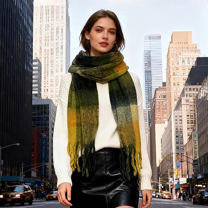 SHOHOKU Large Chunky Plaid Scarf Coloured Checked Oversized Scarf Tassel Soft Fall Winter Thick Warm Shawl Women