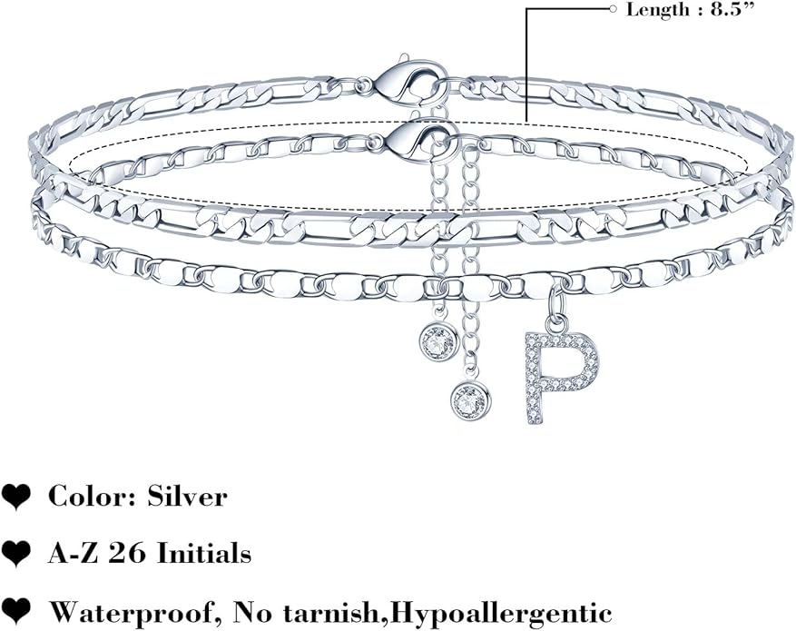 Ursteel Ankle Bracelets for Women, 14K-Gold-Plated Dainty Layered Chain CZ Initial Anklets Set Summer Jewelry Gifts for Women