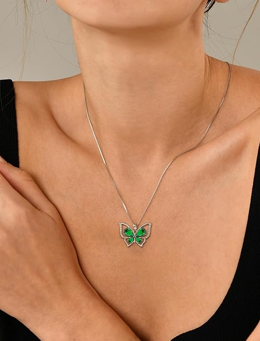 YL Women's Butterfly Necklace 925 Sterling Silver Flower Rose Pendant Birthstone Halo Jewelry