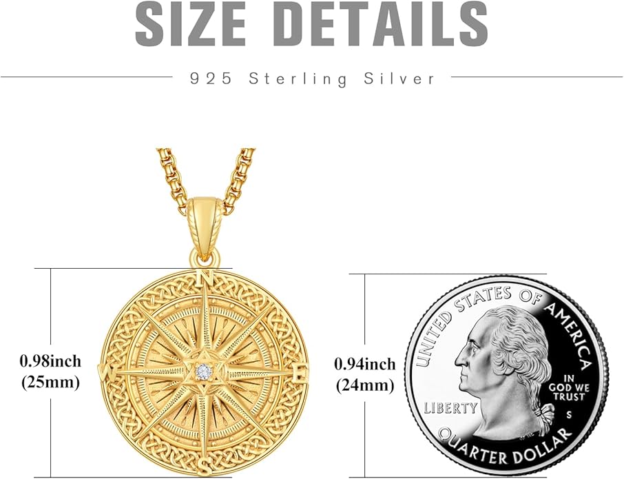 KINGWHYTE Compass Necklace for Men 925 Sterling Silver Birthday Gifts Graduation Travel Jewelry for Husband Brother with Stainless Steel Chain