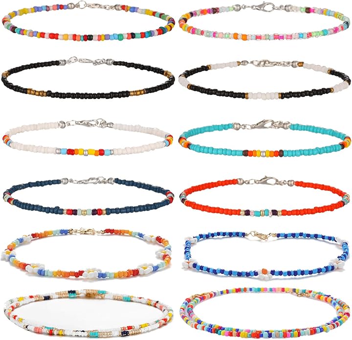 XIJIN 8Pcs Handmade Beaded Anklets for Women Boho Colorful Beads Ankle Bracelets Adjustable Foot Anklet Set