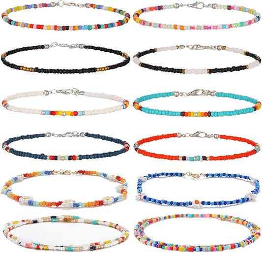 XIJIN 8Pcs Handmade Beaded Anklets for Women Boho Colorful Beads Ankle Bracelets Adjustable Foot Anklet Set
