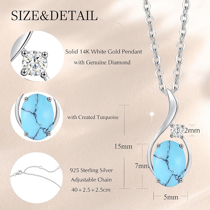 FANCIME 14K Solid White Gold Oval Gemstone Necklace with Diamond Pendant Gifts for Mom Women,16"+2" Inches