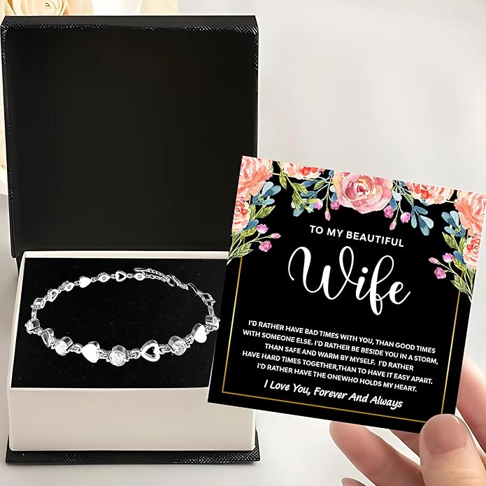 To My Wife Crystal Heart Bracelet Gift From Husband, Beautiful Wife Jewelry For Anniversary, Birthday, Christmas, Valentine’s Day, Bracelet For Her With Heartfelt Message & Elegant Box