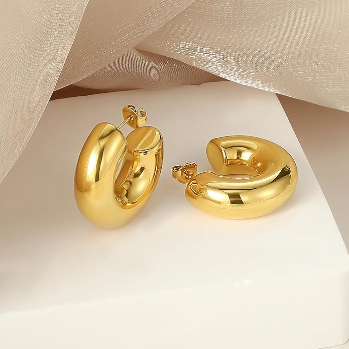 8YEARS Chunky Gold Hoop Earring for Women, 18K Gold Plated Lightweight Thick Hoops, Hypoallergenic Trendy Jewelry for Gift