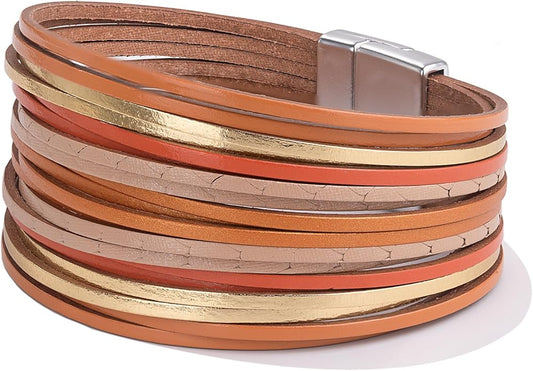 FANCY SHINY Boho Leather Wrap Bracelet Stackable Layered Bangle Cuff with Magnetic Clasp