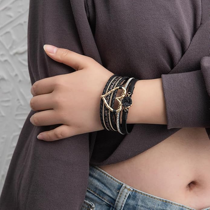 Rantanto Braid Leather Wrap Bracelet Trendy Stackable Crystal Cuff Boho Gold Heart Bracelet Jewelry Gift For Women