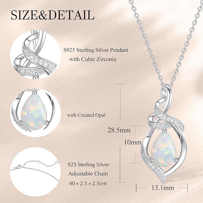 FANCIME Teardrop Gemstone Necklace for Women S925 Sterling Silver Elegant Ribbon Pendent Birthday Gifts for Her, 16"+2" Inches
