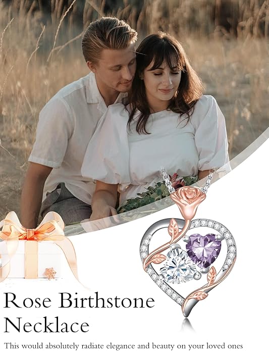 Christmas Gifts for Women Rose Heart Birthstone Pendant Necklace I Love You Forever Jewelry Valentine Mothers Day Birthday Gifts for Women Her Wife Girlfriend