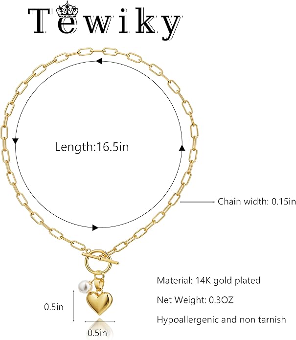 Tewiky Cute Heart Necklace Tiny 14k Gold Heart Pendant Choker Necklaces Small Gold Love Open Heart Chain Necklace for Women Dainty Gold Necklace Gifts for Her