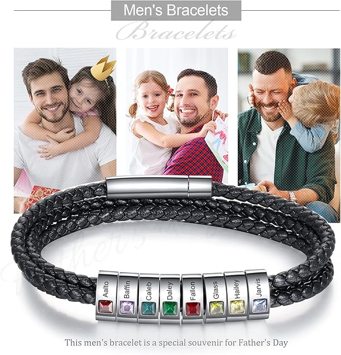 kaululu Custom Leather Bracelet for Men with 1/2/3/4/5/6/7/8 Birthstones Engraved Stainless Steel Beads Personalized Names Bracelet for Father's Day Christmas Thanksgiving Gift for Men