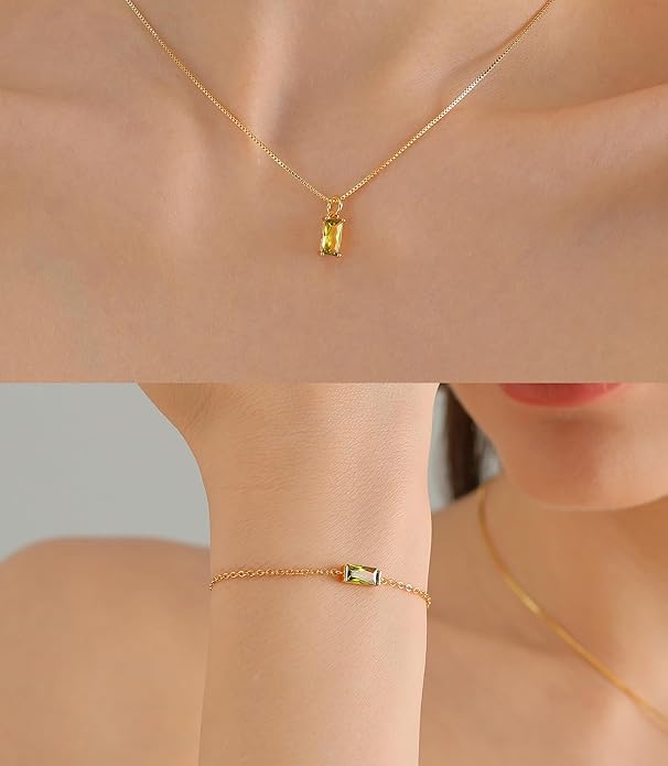 Birthstone 14K Gold Plated Bracelets Earrings Necklaces Jewelry Set， Blue Green May Cubic Zirconia，Friendship Bracelets Jewelry Gifts for Mom Best Friend Birthday