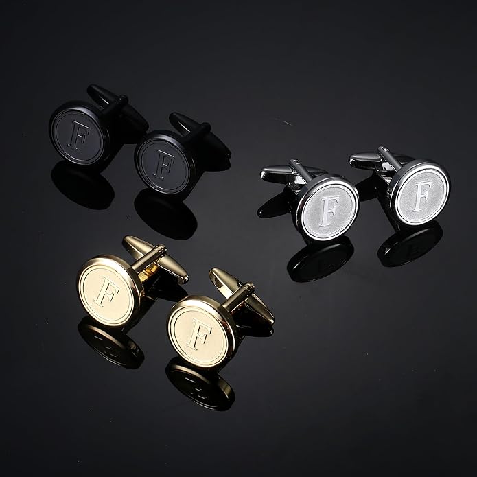 LOLIAS 3 Pairs Initial Cufflinks For Men Classic Mens CuffLinks Set Letter Cuff Links for Casual to Formal with Gift Box Silver Black 14K gold plated Cufflinks for Father Husband