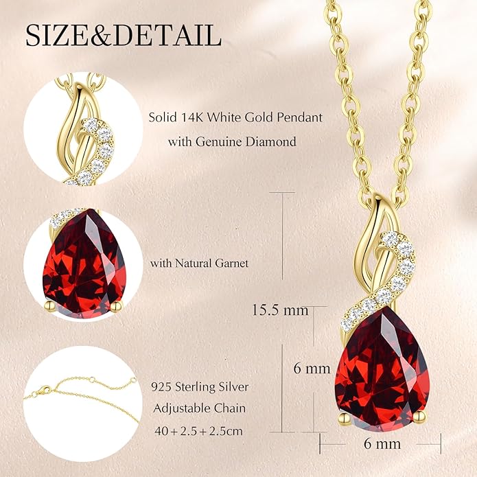 FANCIME 14K Solid Yellow Gold Teardrop Pendant with Diamond Birthstone Necklace Birthday Gifts for Mom Women, Sterling Silver Chain 16" + 2" Extender