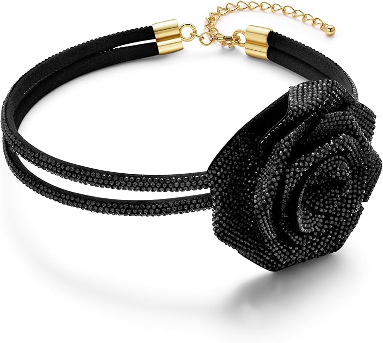 Rose Choker Necklace for Women Gothic Floral Crystal Rhinestone Collar Necklace Short Chain Statement Choker Wedding Party Costume Jewelry Gift for Her