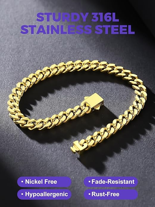 Richsteel 5/7/9/12mm Wide Miami Cuban Link Chain Bracelet for Men Women,Stainless Steel/Gold/Black Plated,7.4/8.2/9 Inch Length,Hip Hop Urban Street-wear Jewelry(Gift Wrapped)