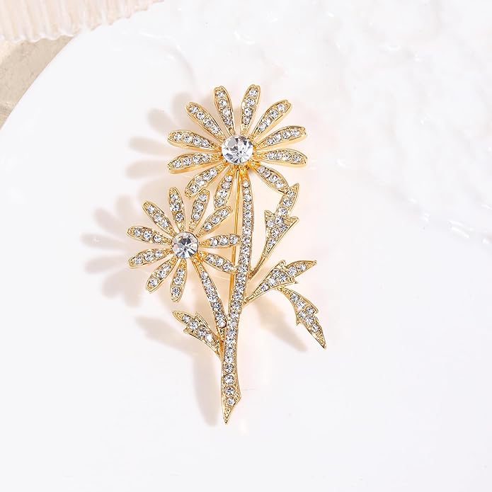 DONABUS Crystal Brooch Vintage Floral Gold Pin Micro Pave Daisy/Tulip Rhinestone Embellishment for Women Holiday styles.