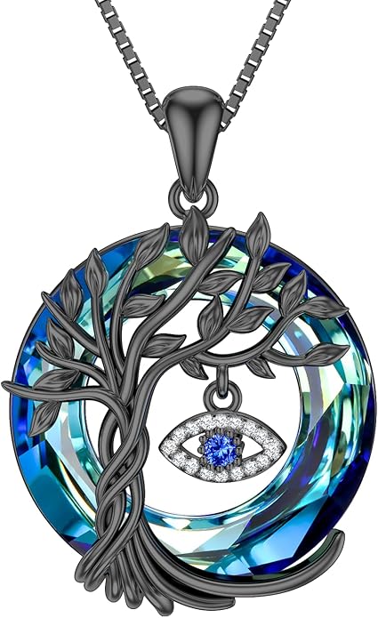 TOUPOP Evil Eye Necklace 925 Sterling Silver Tree of Life Circle Crystal Pendant Necklace Protection Jewelry Amulet Christmas Gifts for Women Her