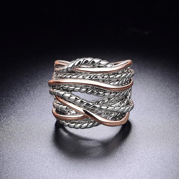 Wide Band Rings Twisted Rope Ring Two-Tone Mixed Metal Braided Statement Rings Fashion Jewelry for Women