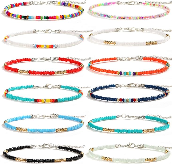 XIJIN 8Pcs Handmade Beaded Anklets for Women Boho Colorful Beads Ankle Bracelets Adjustable Foot Anklet Set