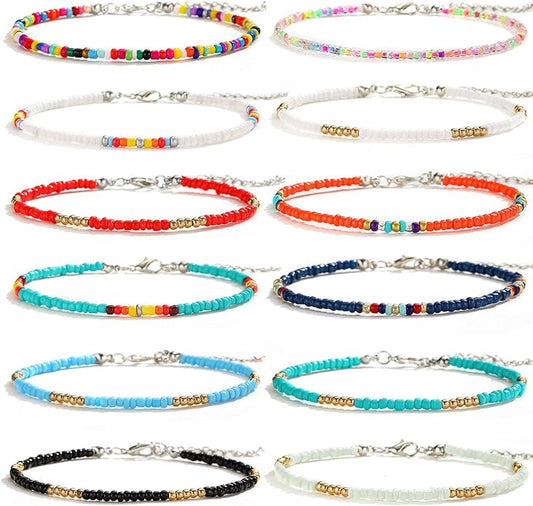 XIJIN 8Pcs Handmade Beaded Anklets for Women Boho Colorful Beads Ankle Bracelets Adjustable Foot Anklet Set
