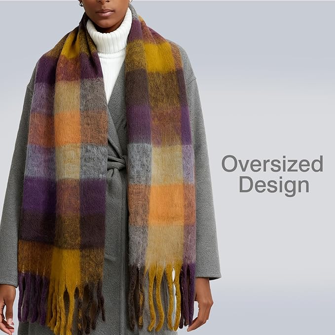 SHOHOKU Large Chunky Plaid Scarf Coloured Checked Oversized Scarf Tassel Soft Fall Winter Thick Warm Shawl Women