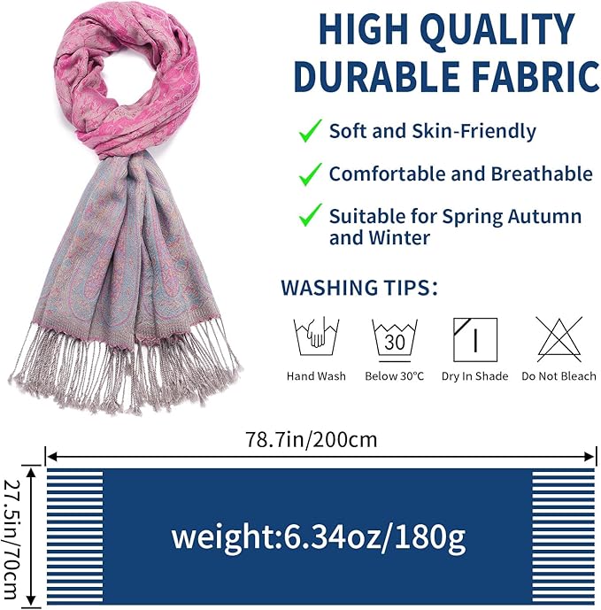 QIUTIMIY Paisley Pashmina Shawl Wrap Women Reversible Vintage Jacquard Pashmina Rave Scarf with Fringe for Evening, Wedding