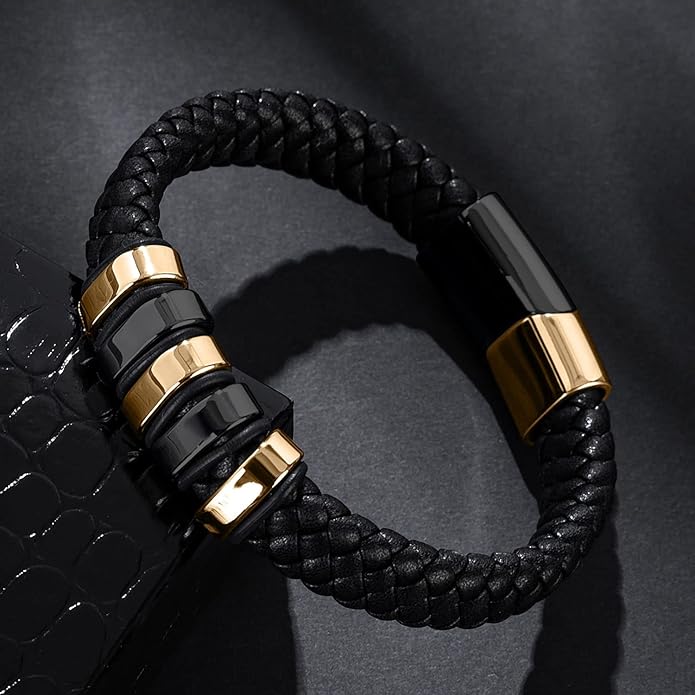 Leather Bracelet for Men Braided Cuff Wristband Stainless Steel Clasp in Silver and Gold Jewellery Gift