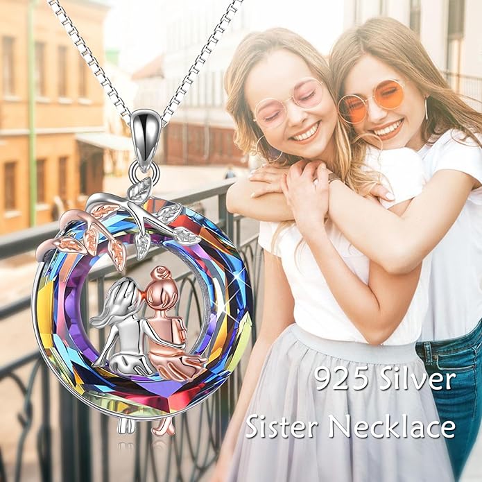 AOBOCO Gifts for Sister 2 3 Sisters Necklace for Women Sterling Silver Sister Crystal Pendant Jewelry Birthday Christmas Gifts for Friend Female Friendship Lasts Forever