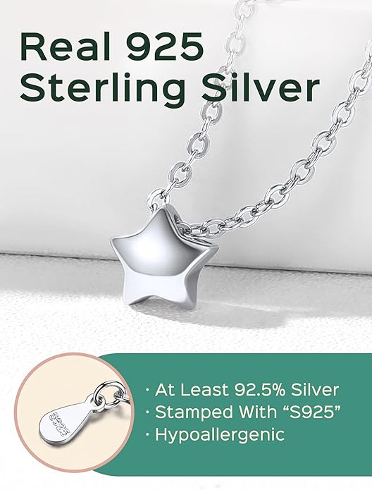ChicSilver Personalized 925 Sterling Silver Dainty Small Heart/Star/Moon/Dot/Triangle Pendant Necklace for Women, Silver/Gold/Rose Gold/Black (with Gift Box)
