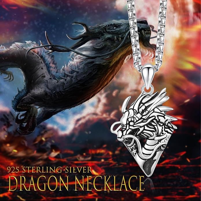 REDSUN 925 Sterling Silver Dragon Pendant Necklace Viking Dragon with Obsidian/Opal Protection Jewelry Gifts for Men Women Her Him Birthday Valentines Day Gifts
