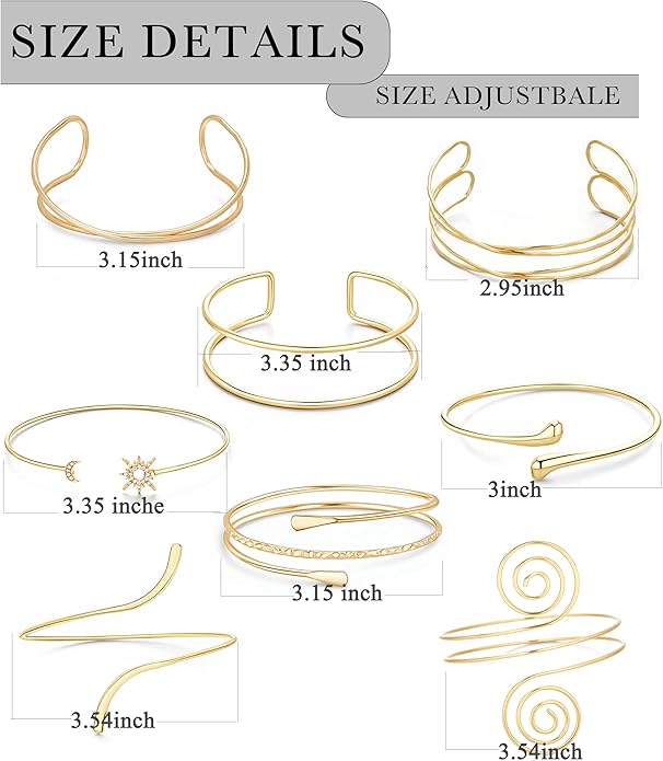 GANDC 8 Pcs Upper Arm Cuff Jewelry for Women Gold Silver Minimalist Arm Cuffs Bangle Band Armlet Adjustable Coil Armband Bracelet Set Jewelry