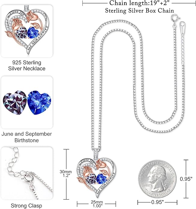 Iefil Birthstone Necklace for Women - 925 Sterling Silver Rose Heart Birthstone Necklace Birthday Anniversary Jewelry Gifts for Her Wife Mom Daughter