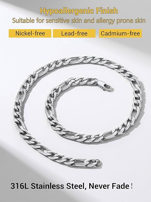 PROSTEEL 316L Stainless Steel Figaro Cuban Chain Necklace for Men, Black/18K Real Gold Plated, 4/5/6/7.5/9/10/13mm, 14inch-30inch, Come with Box
