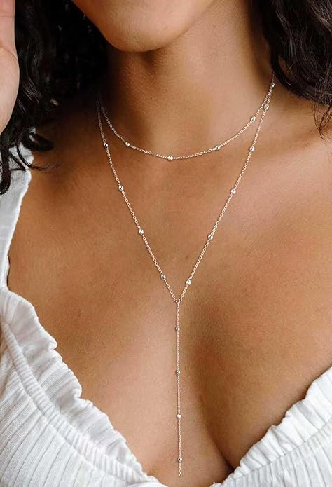 Lariat Necklace for Women, Dainty Long Necklaces, 14k Gold/Silver Plated Y-Shaped Drop Chain Necklace, Simple Layered Necklaces, Trendy Jewelry Gifts for Her