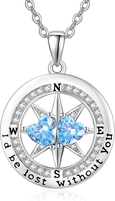Compass Birthstones Necklace for Women, Exquisite Anniversary Birthday Gifts for Wife Her Double Birthstone Pendant jewelry ‘I'd be Lost Without You’