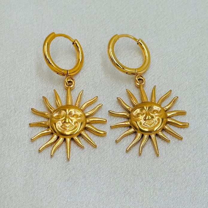 Sunburst Heart Dangle Hoop Earrings, 18K Gold Plated hypoallergenic Stainless Steel Cute Jewelry for Women daily Wear
