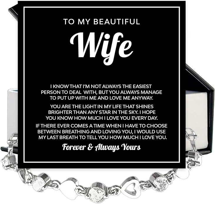 To My Wife Crystal Heart Bracelet Gift From Husband, Beautiful Wife Jewelry For Anniversary, Birthday, Christmas, Valentine’s Day, Bracelet For Her With Heartfelt Message & Elegant Box
