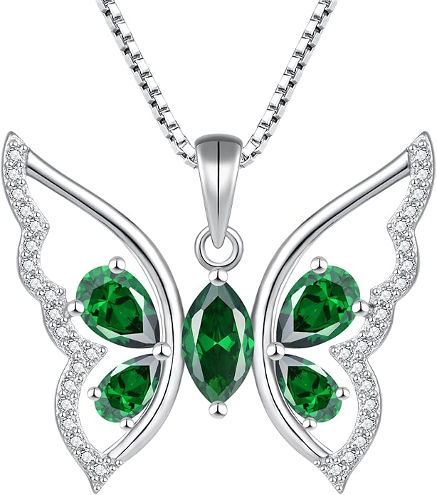 YL Women's Butterfly Necklace 925 Sterling Silver Flower Rose Pendant Birthstone Halo Jewelry