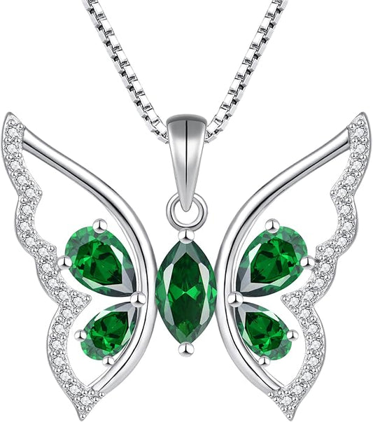 YL Women's Butterfly Necklace 925 Sterling Silver Flower Rose Pendant Birthstone Halo Jewelry